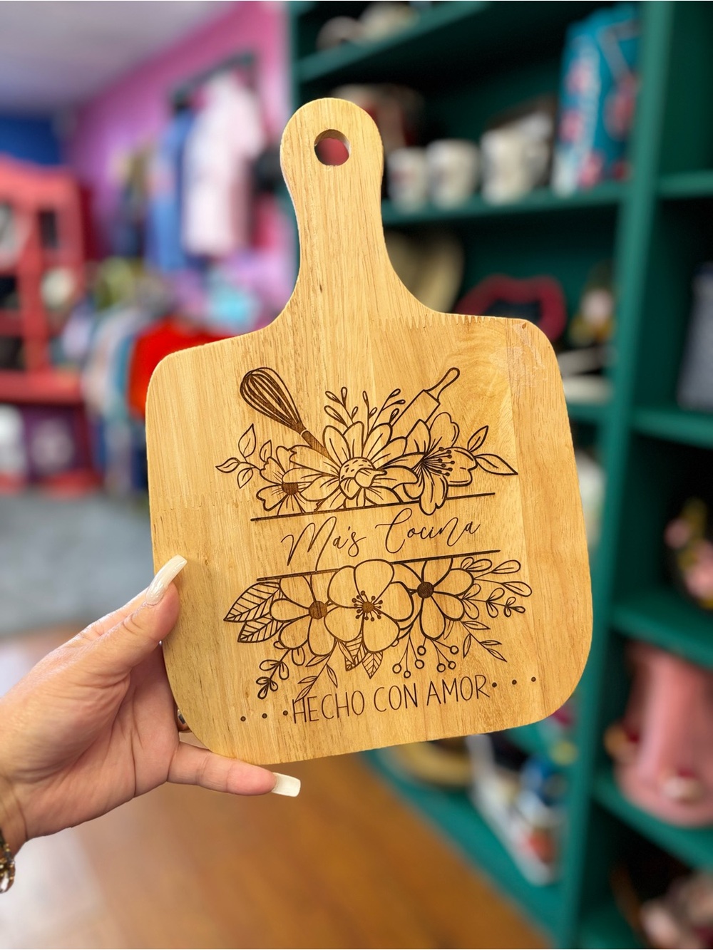Hand Crafted Bamboo Serving Board with Floral Engraving - Natural